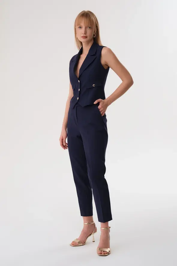 Collared Buttoned Vest - Navy Blue - 3