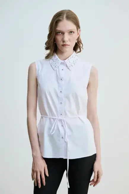 Collared Cotton Shirt with Pearls and Stones - White White
