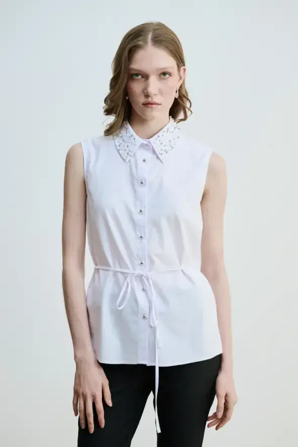 Collared Cotton Shirt with Pearls and Stones - White - 1