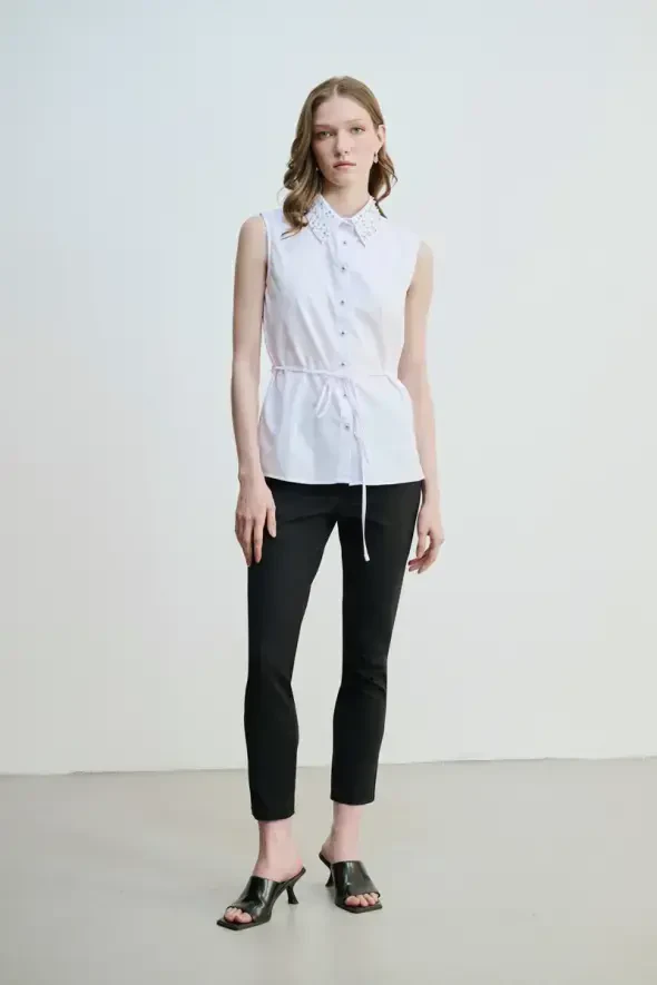 Collared Cotton Shirt with Pearls and Stones - White - 2