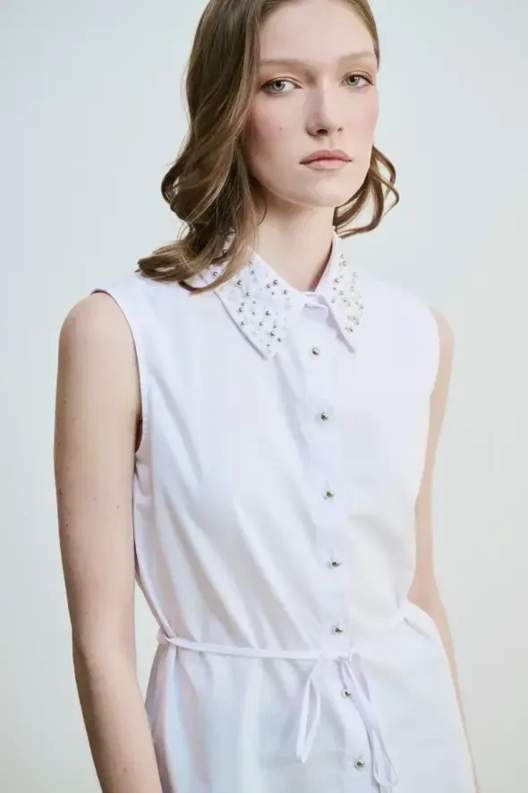 Collared Cotton Shirt with Pearls and Stones - White - 3