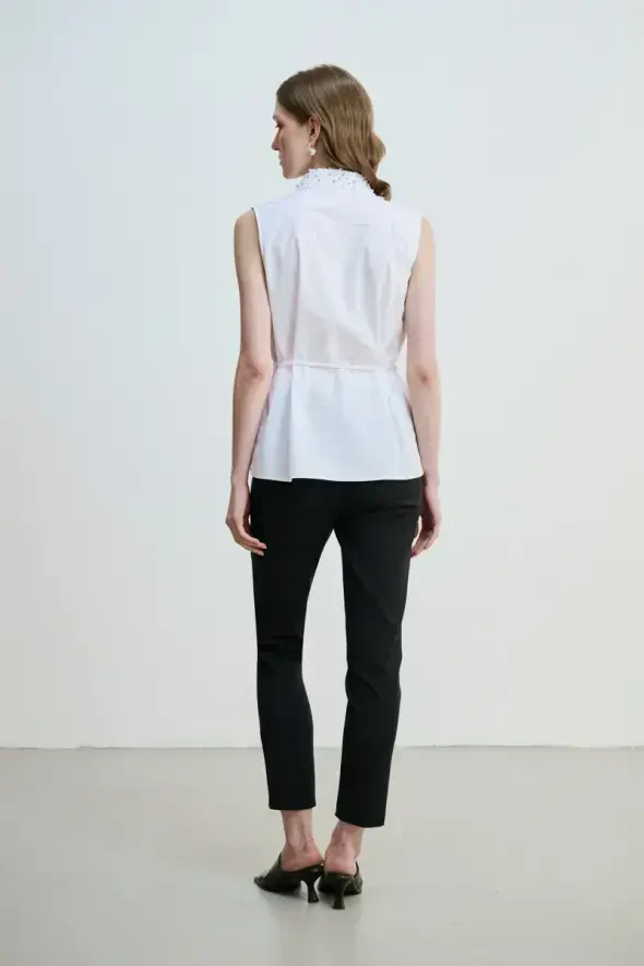 Collared Cotton Shirt with Pearls and Stones - White - 4