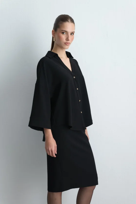 Collared Crepe Blouse - Black - 2