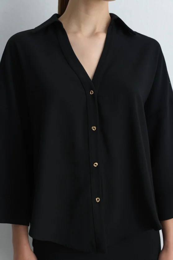 Collared Crepe Blouse - Black - 3