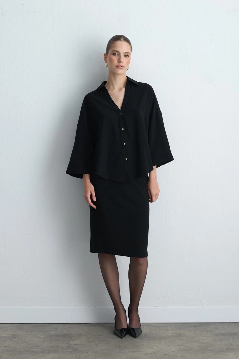 Collared Crepe Blouse - Black - 1