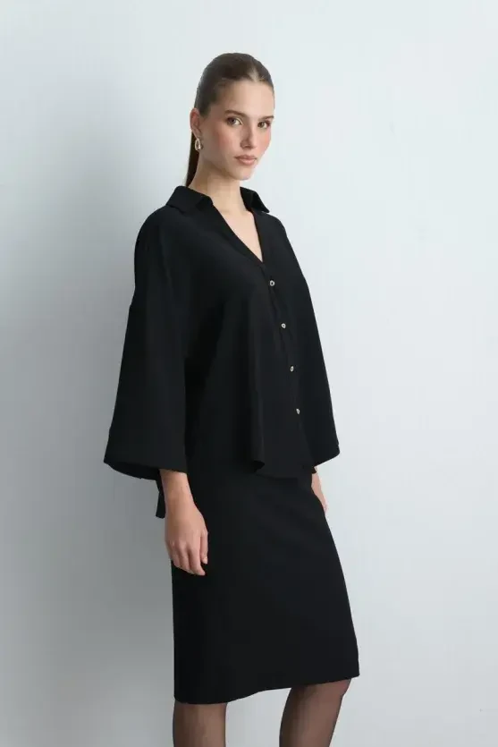 Collared Crepe Blouse - Black - Gusto