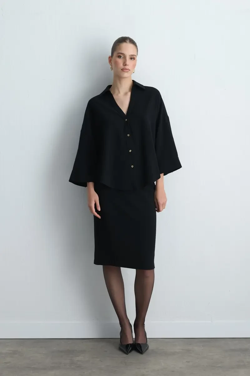 Collared Crepe Blouse - Black - Gusto