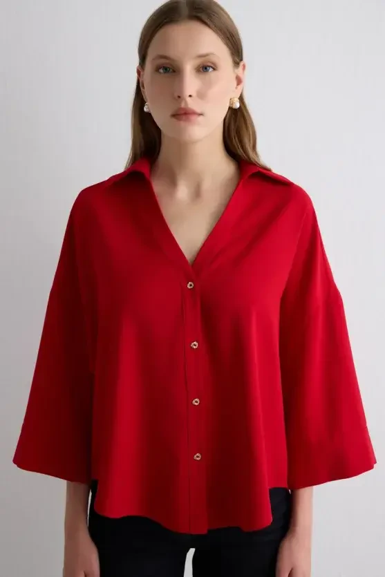 Collared Crepe Blouse - Red - Gusto