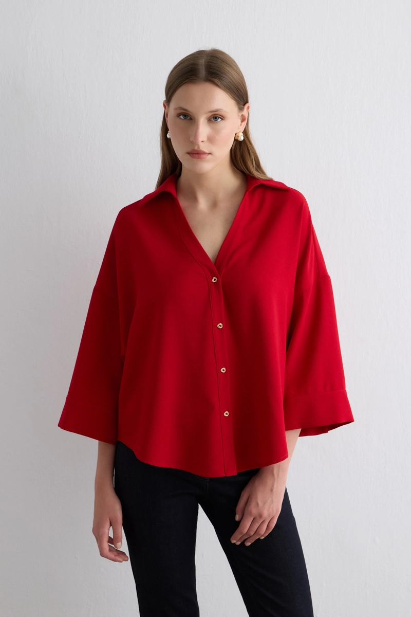 Collared Crepe Blouse Red