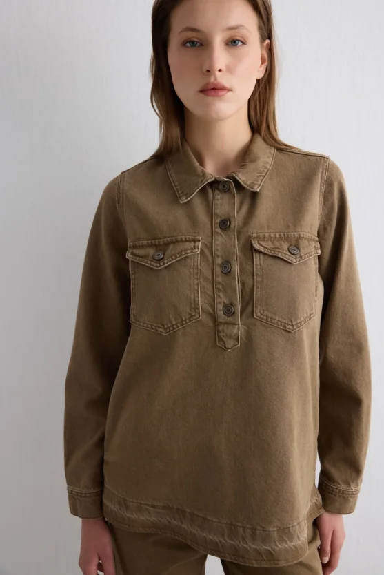 Collared Denim Shirt - Brown - Gusto