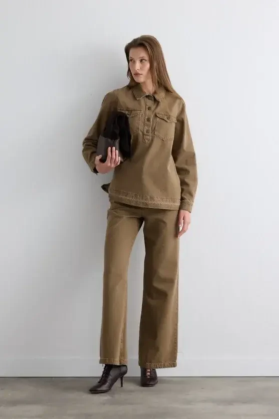 Collared Denim Shirt - Brown - 4