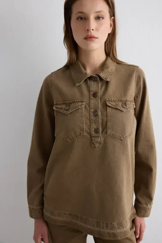 Collared Denim Shirt - Brown - Gusto