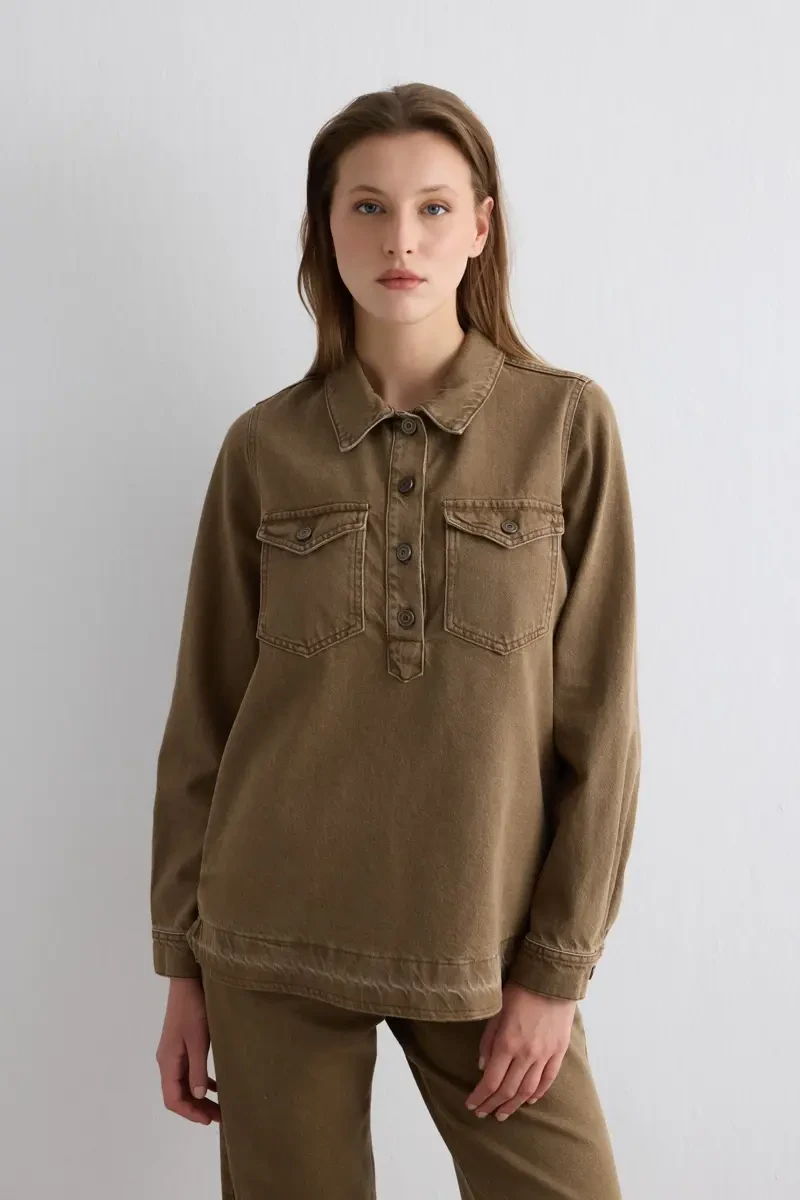 Collared Denim Shirt - Brown Brown
