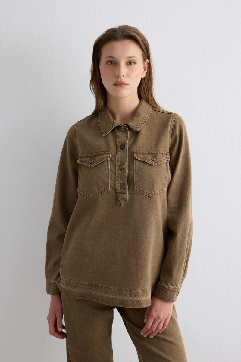 Collared Denim Shirt Brown - 1