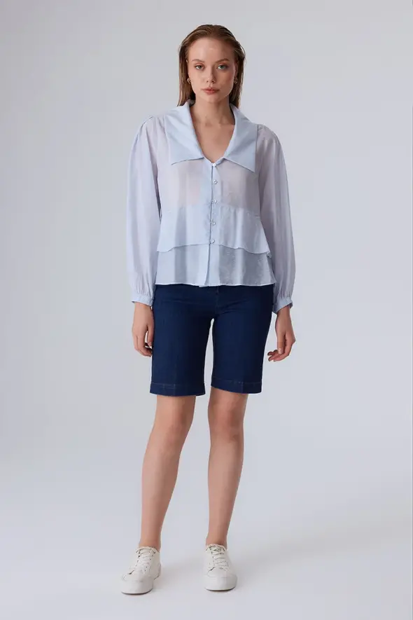 Collared Shirt with Flounce - Blue - 2