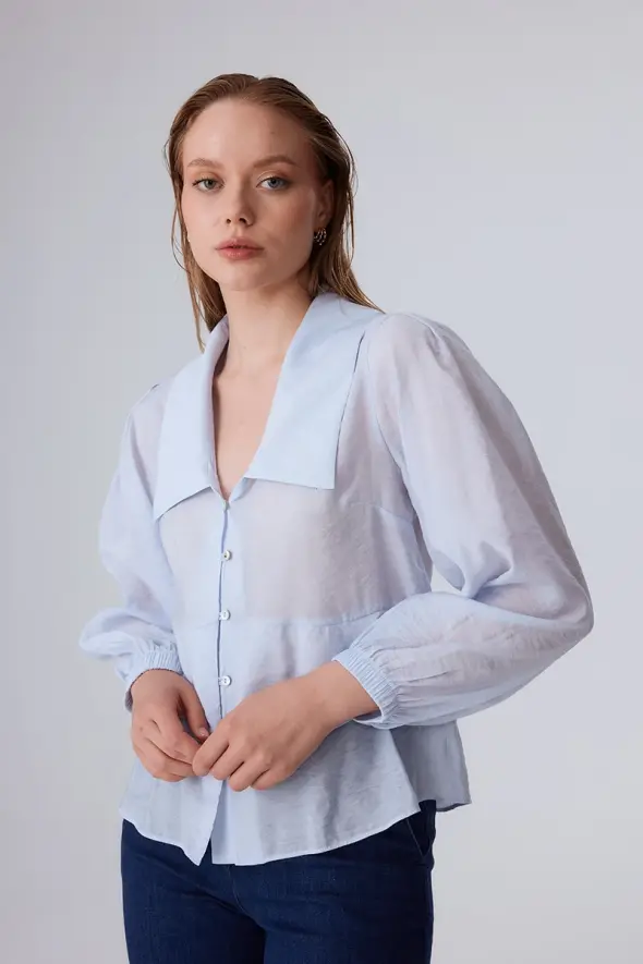 Collared Shirt with Flounce - Blue - 3