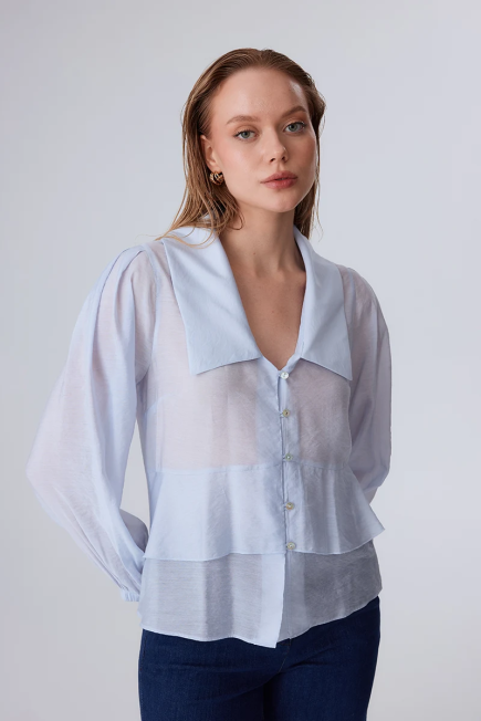 Collared Shirt with Flounce - Blue Blue