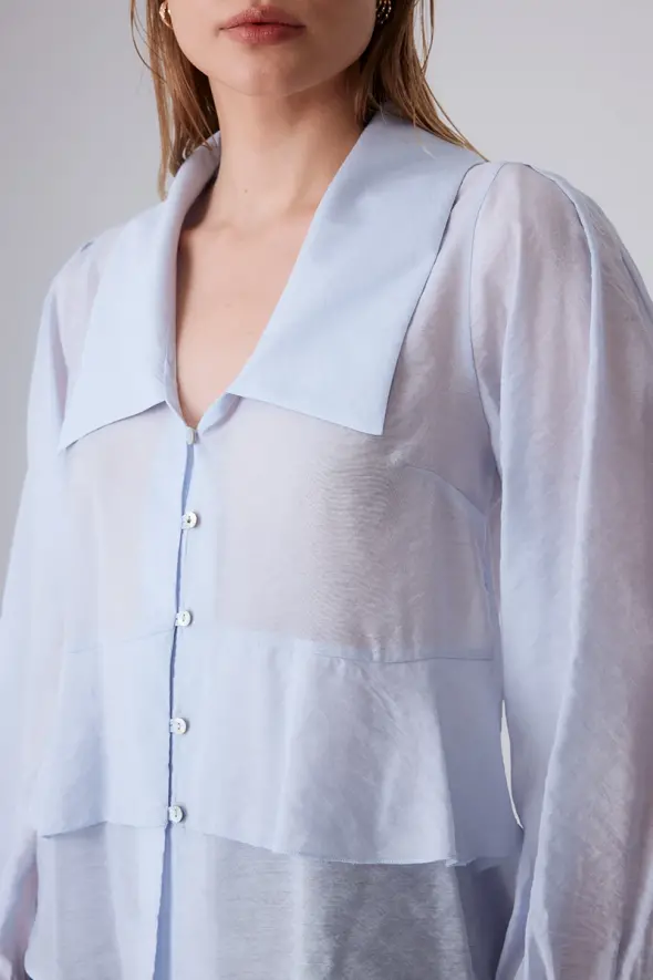 Collared Shirt with Flounce - Blue - 4