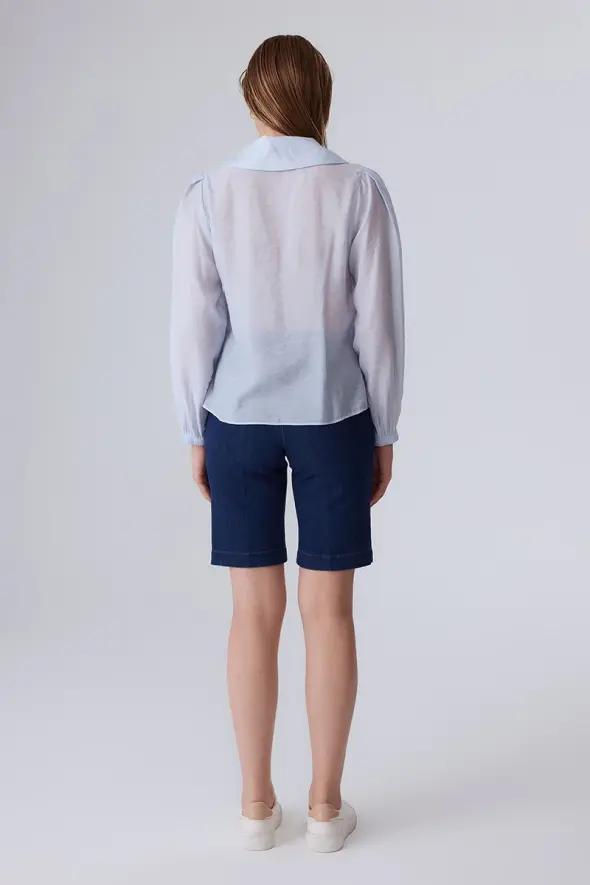 Collared Shirt with Flounce - Blue - 5