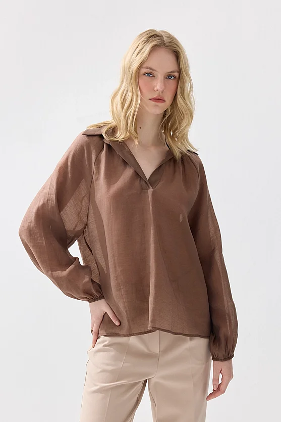 Collared Tencel Blouse - Brown - Gusto