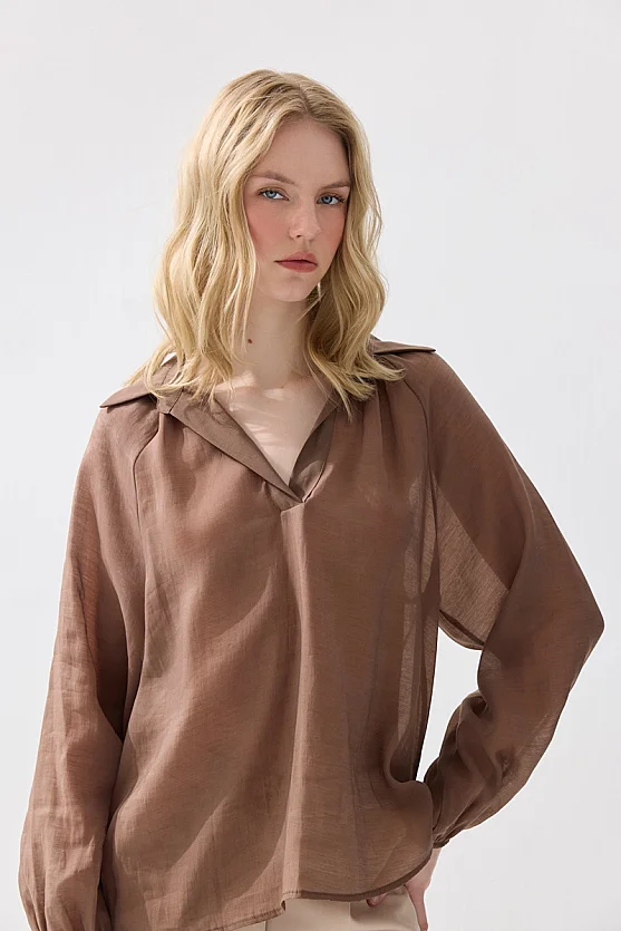 Collared Tencel Blouse - Brown - Gusto