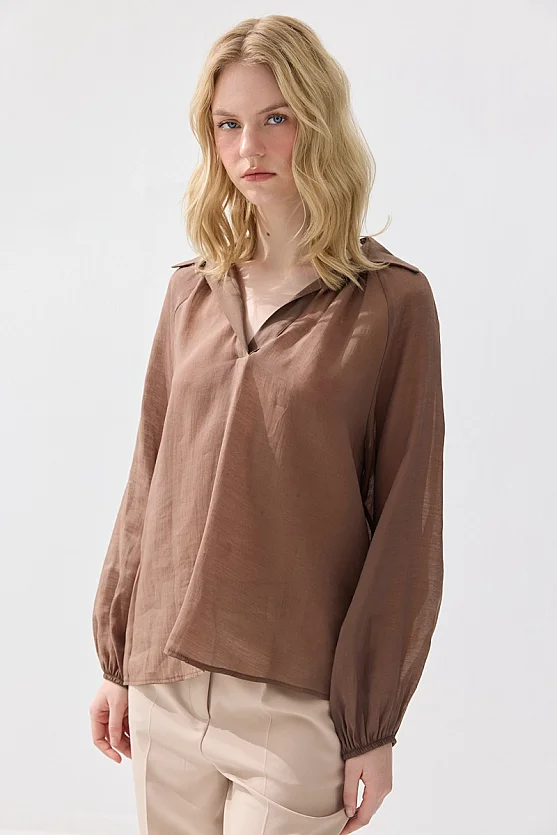 Collared Tencel Blouse - Brown - Gusto