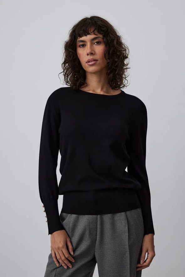 Collarless Button Detailed Knitwear - Black - 1