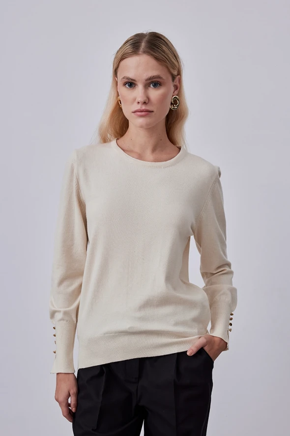 Collarless Button Detailed Knitwear - Ecru - 1