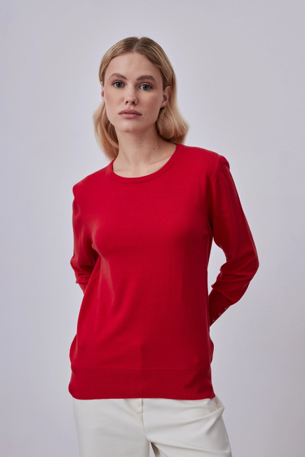 Collarless Button Detailed Knitwear - Red Red