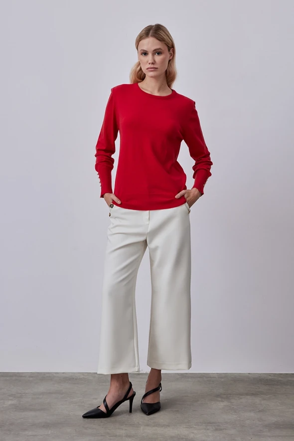 Collarless Button Detailed Knitwear - Red - 2