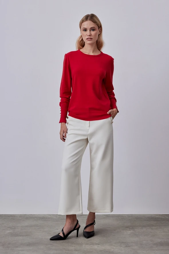 Collarless Button Detailed Knitwear - Red - 4