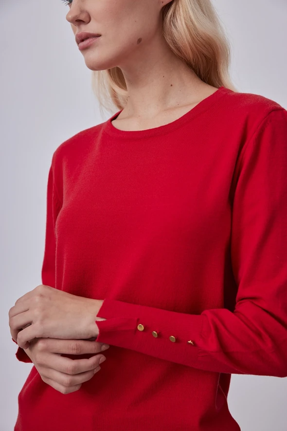 Collarless Button Detailed Knitwear - Red - 3