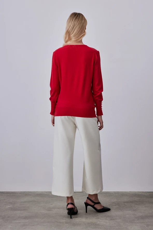 Collarless Button Detailed Knitwear - Red - 5