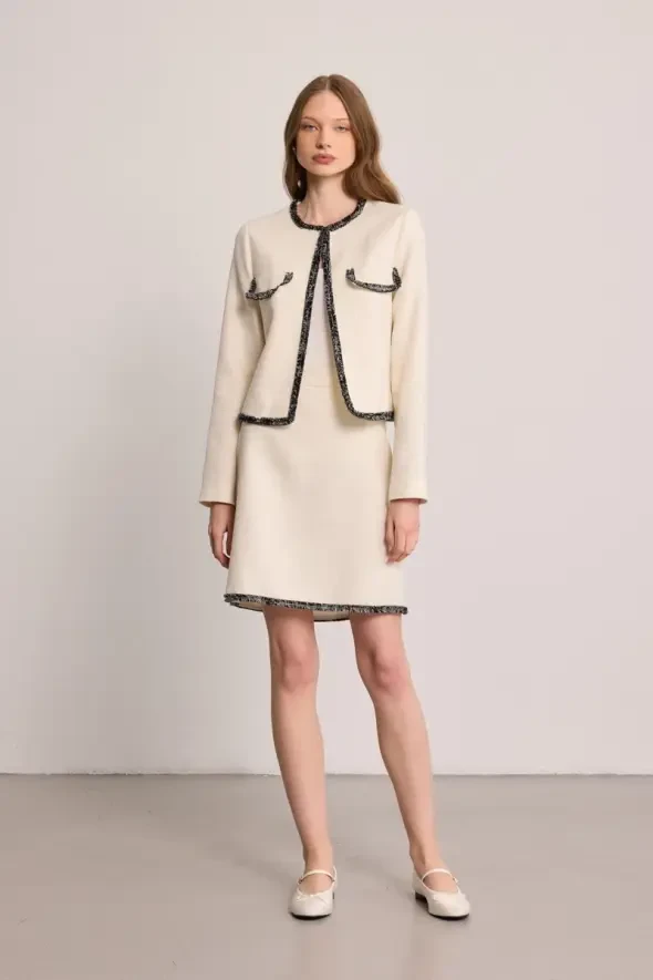 Collarless Cotton Tweed Jacket - Ecru - 2