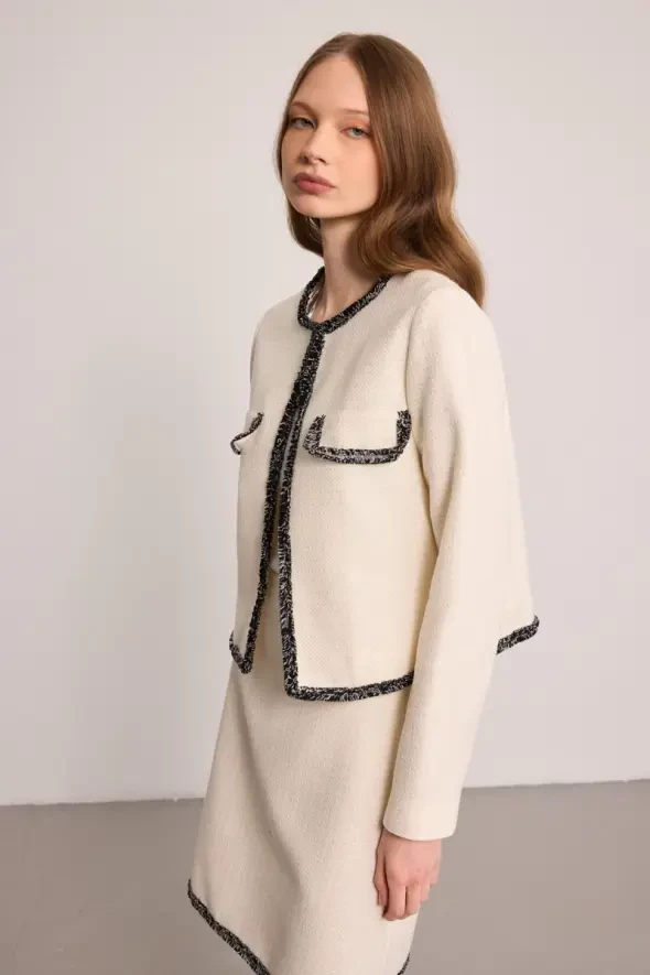 Collarless Cotton Tweed Jacket - Ecru - 4