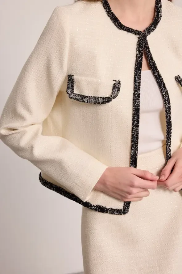 Collarless Cotton Tweed Jacket - Ecru - 3