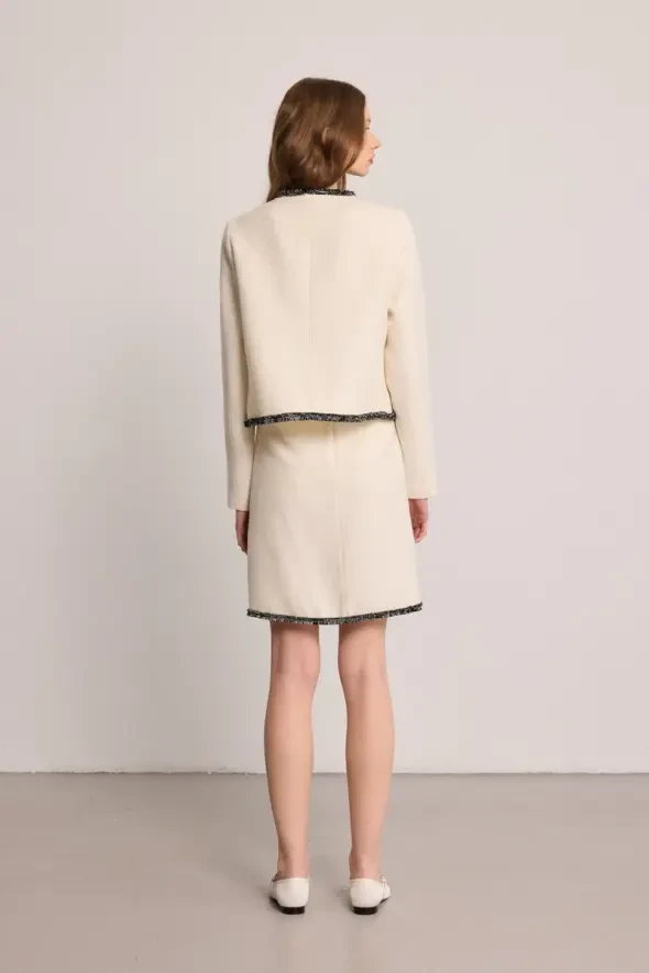 Collarless Cotton Tweed Jacket - Ecru - 5