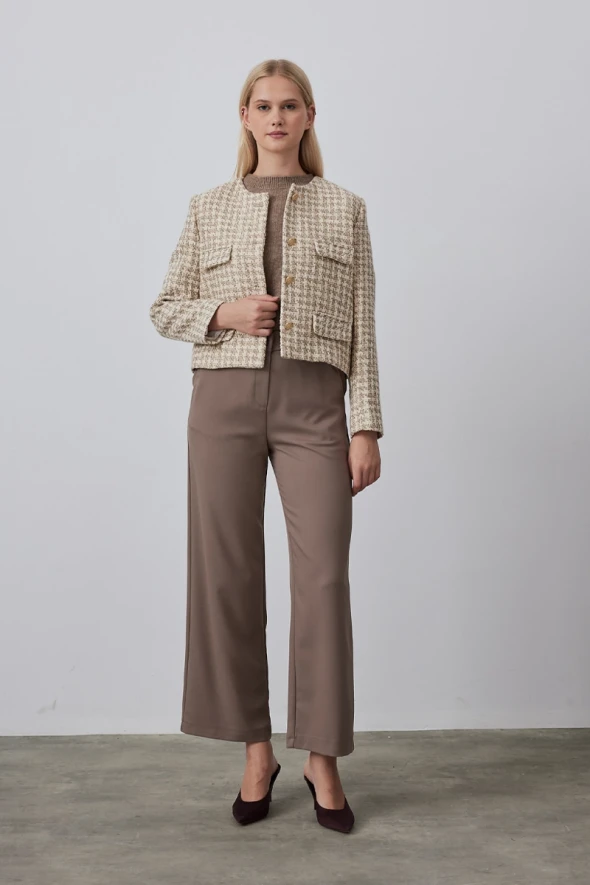 Collarless Houndstooth Tweed Jacket - Ecru - 2