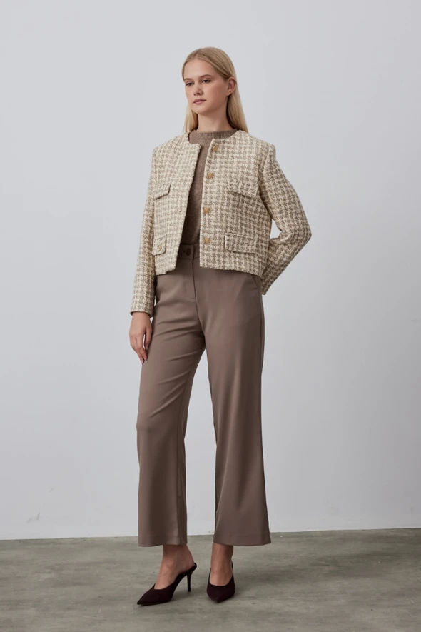 Collarless Houndstooth Tweed Jacket - Ecru - 3