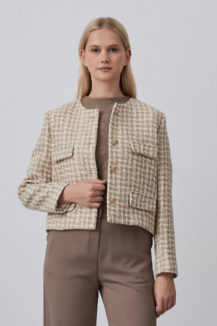 Collarless Houndstooth Tweed Jacket - Ecru Ecru