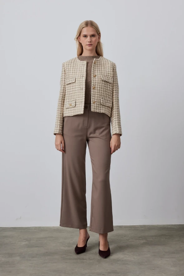 Collarless Houndstooth Tweed Jacket - Ecru - 4