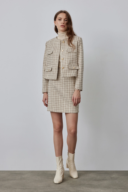 Collarless Houndstooth Tweed Jacket - Ecru - Gusto