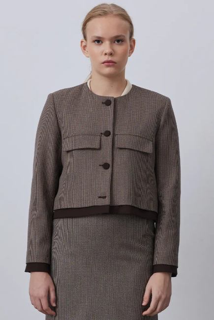 Collarless Jacket with Garnish - Brown Brown