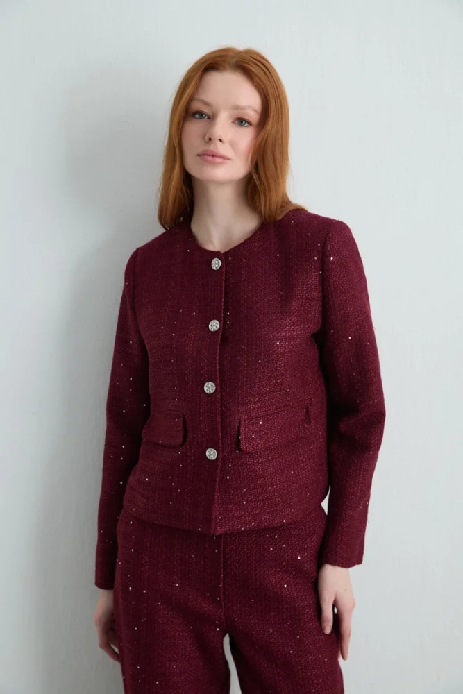 Collarless Tweed Jacket - Burgundy