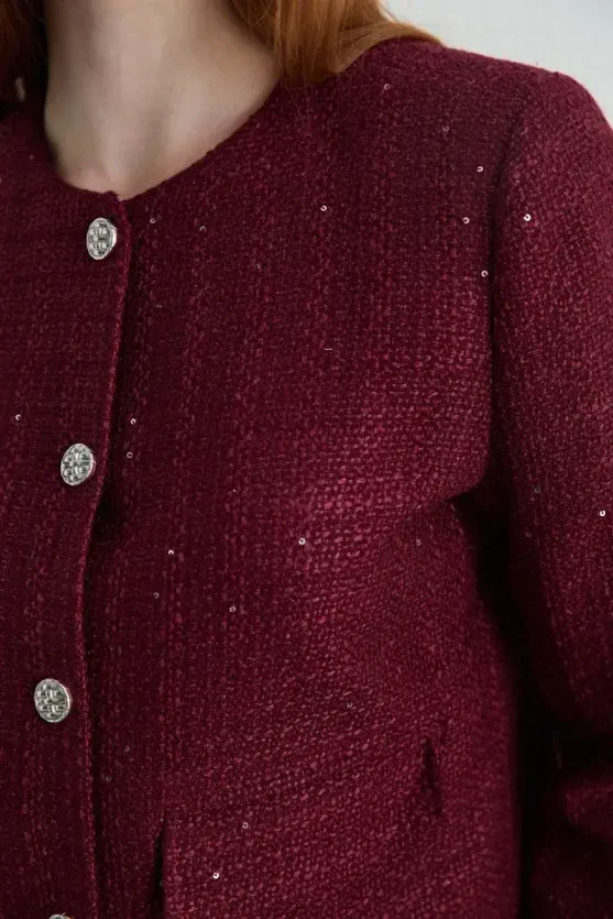 Collarless Tweed Jacket - Burgundy - 3