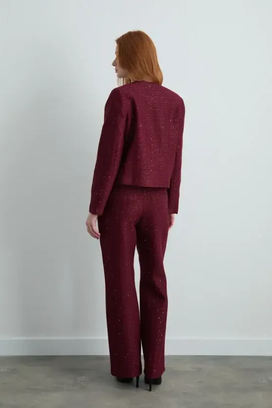 Collarless Tweed Jacket - Burgundy - 5