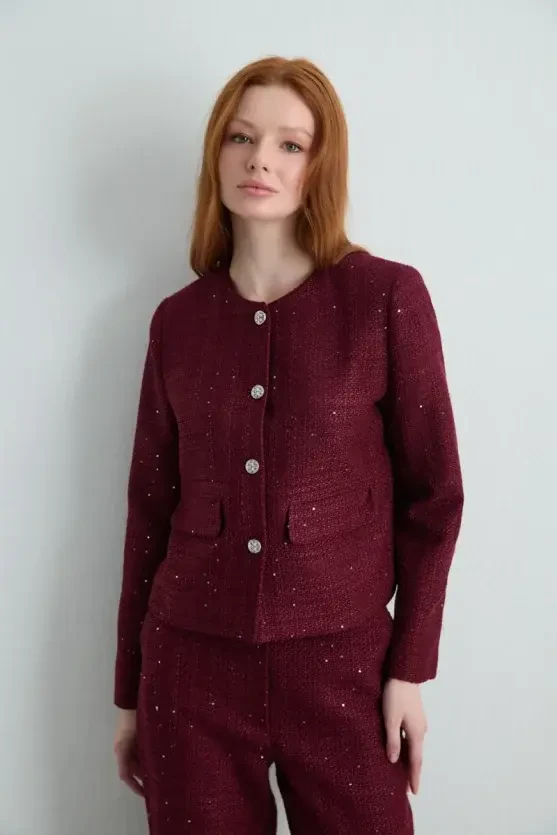 Collarless Tweed Jacket - Burgundy - Gusto