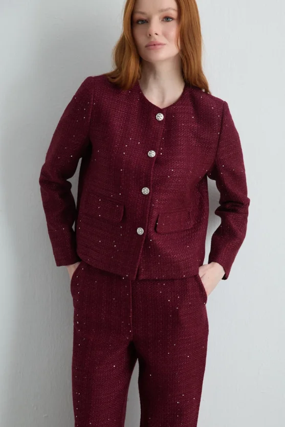Collarless Tweed Jacket Burgundy - 2