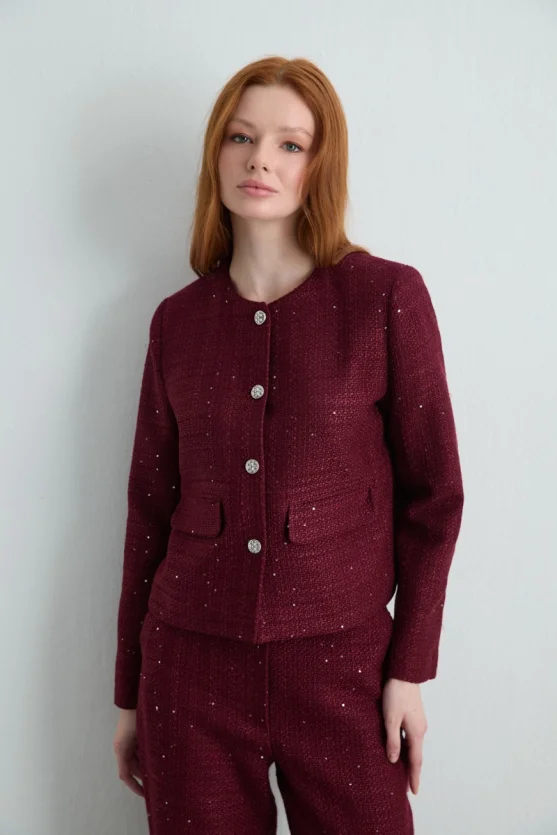 Collarless Tweed Jacket Burgundy - 1