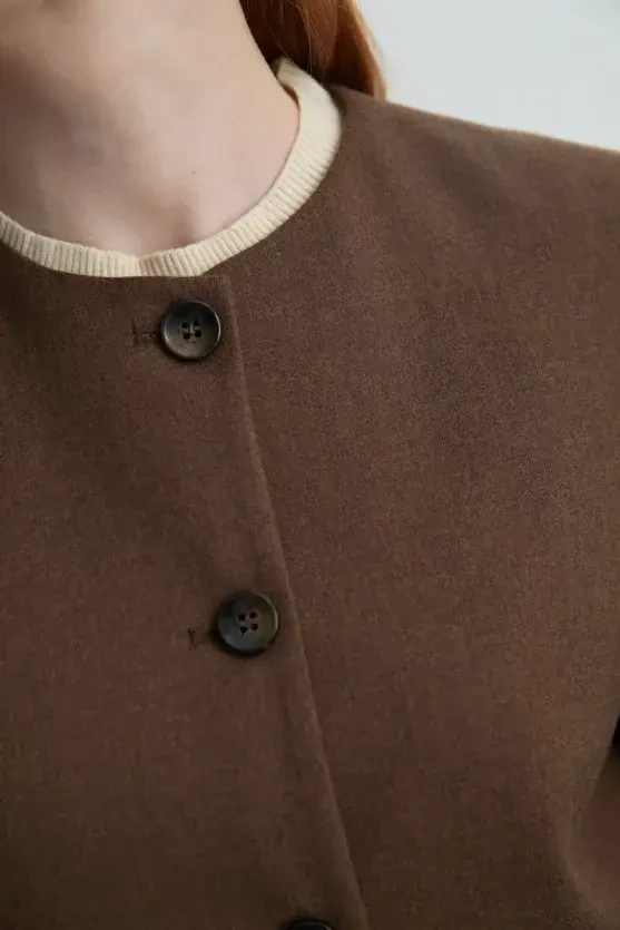 Collarless Wool Jacket - Brown - 5